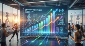 Gráfico de crescimento do mercado fitness brasileiro com pessoas em atividade, representando o panorama setorial e as oportunidades para academias.